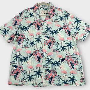 Aurora Shirt Mens XL‎ Blue Pink Flamingo Hawaiian Button Up Tropical Rayon Aloha